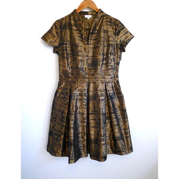 ALBA CONDE SPAIN Structured A-Line Pleat Gold Bronze Dress YOOX 40 6 M $595 - Picture 1 of 11